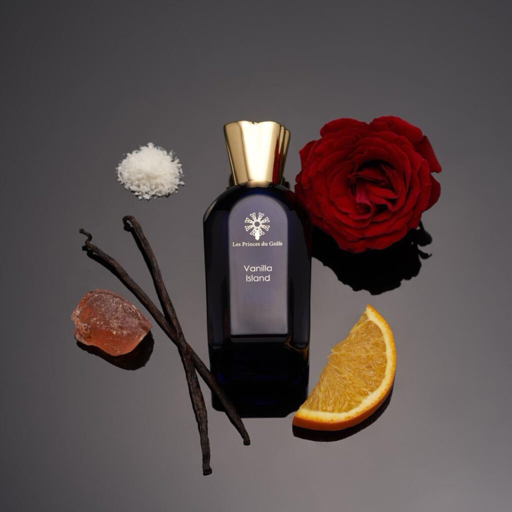 Parfum Vanilla Island des Princes du Golfe posé autour de Vanille, Orange et Rose